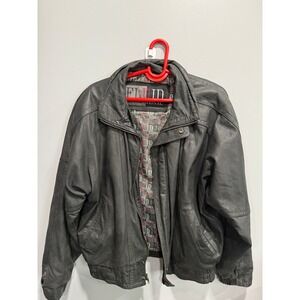 Fluid International Black Leather Jacket Full Zip‎ Bomber Style Mens large